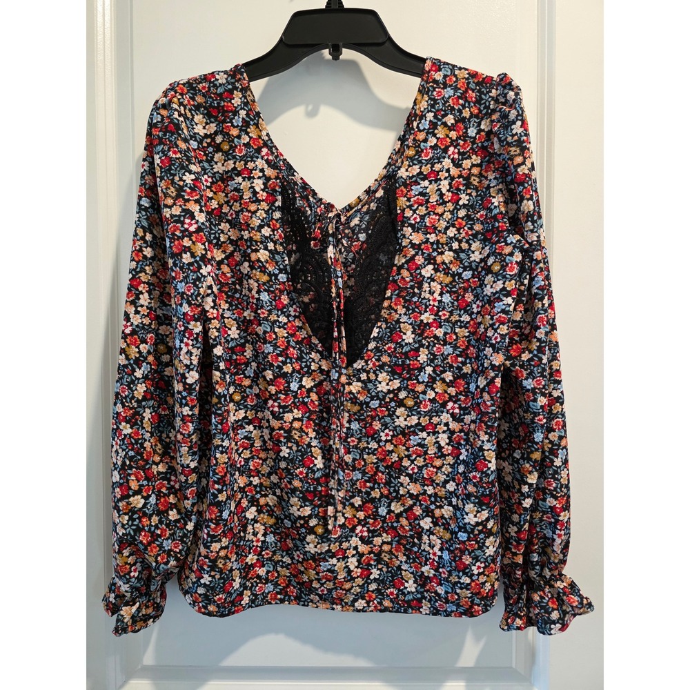 Women's sz4 szS Floral Long Sleeve Lace Tie Back Top Black Red Ditsy Print